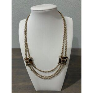 Vintage Monet Tigers Eye and Rhinestones Multi Chain Gold Tone Necklace